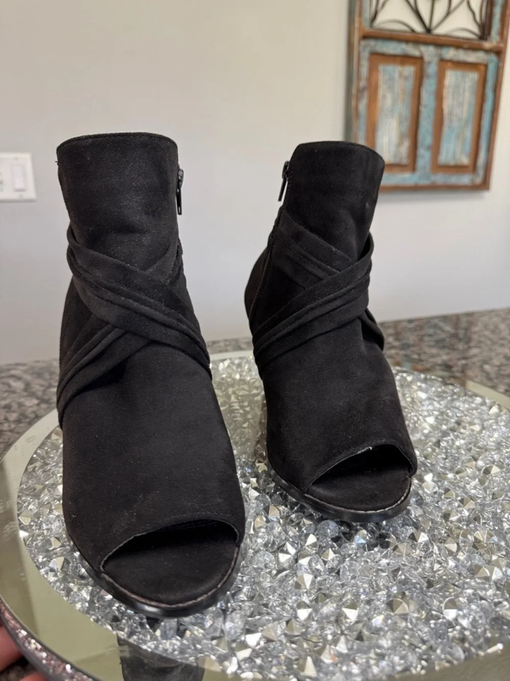 Journee Collection Black faux Suede Peep-Toe Wedge Booties 7.5